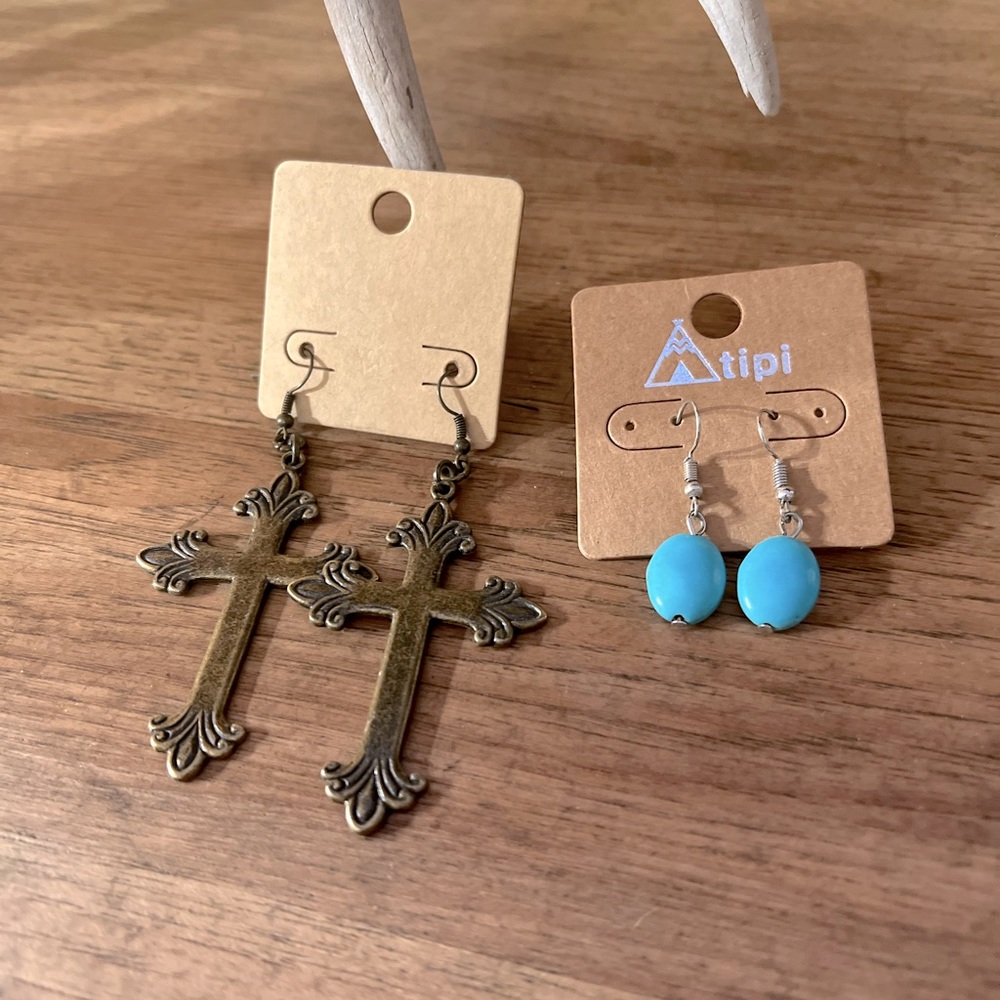 2 Pairs - Cross Western Danglers & Teal Drops